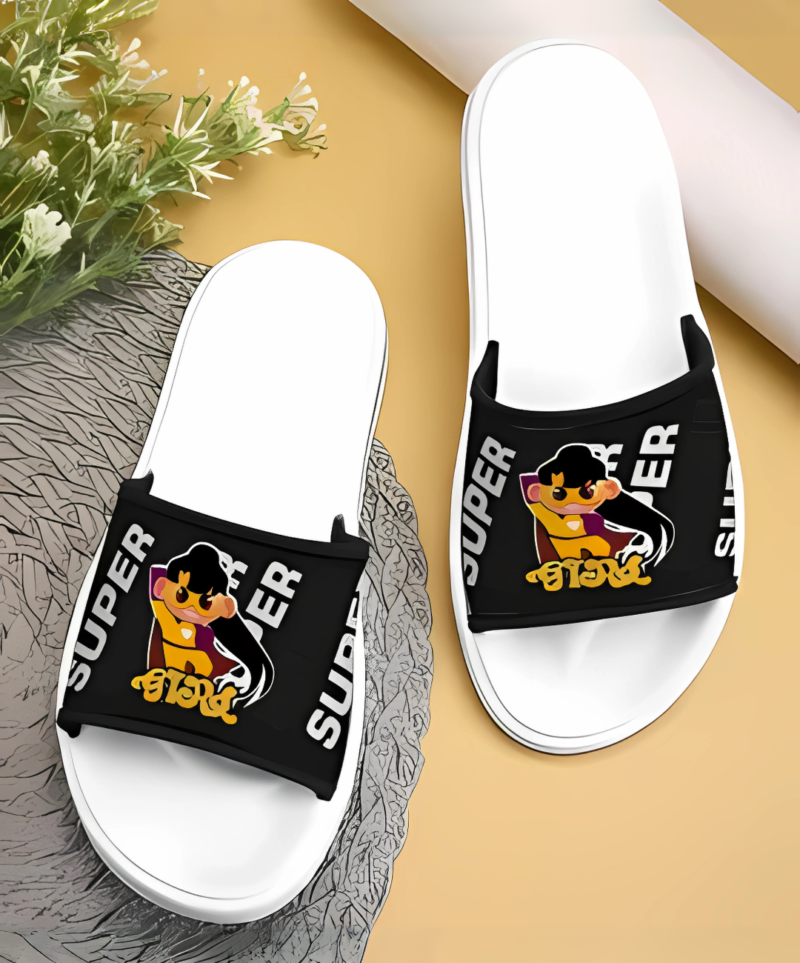 A pair of stylish white EVA slippers with black straps featuring a bold "SUPER" text design and a cute cartoon character. These comfortable and trendy slides are perfect for casual wear.